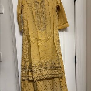 Indian one piece long dress with Elegant Mustard Kurta with Intricate Patterns